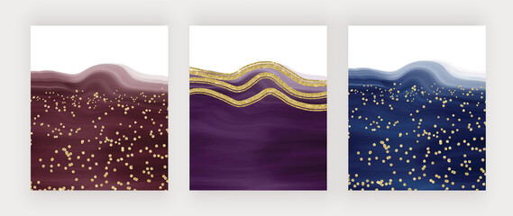 Luxury red, purple and blue brush stroke watercolor backgrounds with glitter lines and confetti 