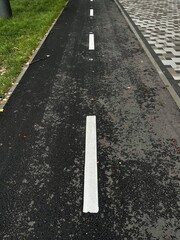Fototapeta premium Vertical top view shot of a wet cycle lane outdoors in the autumn