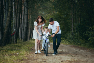 Naklejka na ściany i meble Young family on a picnic in the woods, husband, wife and young child son, teach son to ride a bicycle