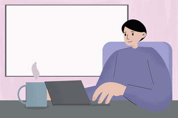 A young man is sitting in the office and working on a laptop. Behind him is a board for writing text and presentations. A comfortable workplace. Flat illustration, grain effect