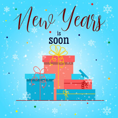 New Years is soon. Gifts on a sparkling background. Vector illustration.