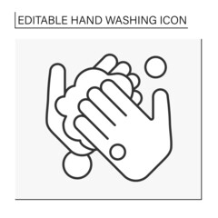 Palm washing line icon. Cleaning palms. Froth soap in hands. Disinfection.Hygiena concept. Isolated vector illustration. Editable stroke