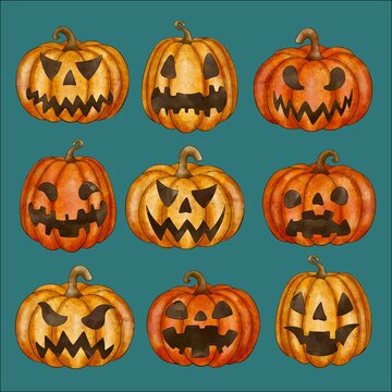 watercolor halloween pumpkins collection vector design illustration