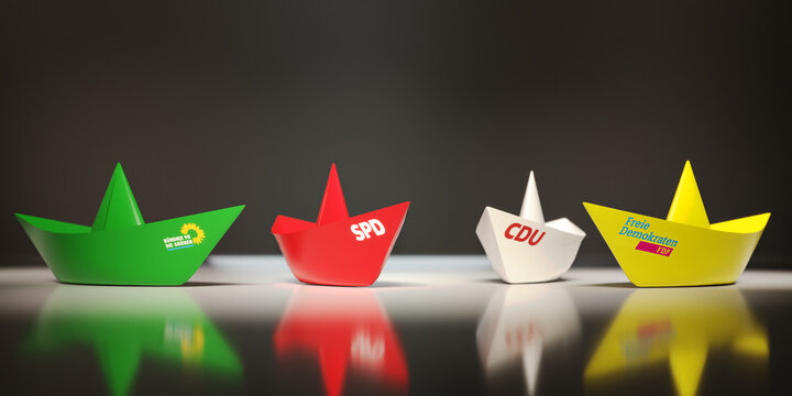 Guilherand-Granges, France - September 28, 2021. German Federal election. Small paper boats in different colors of German parties. Coalition talks. 3D rendering.