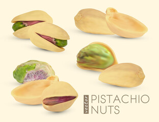 Vector pistache nuts without shell. Realistic 3d kernel. Green pistachio isolated on white background. 3d snack illustration.