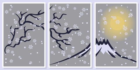minimalistic winter landscape fujiyama and  sakura branch - wall art vector set; for wall art, poster, wallpaper, print
