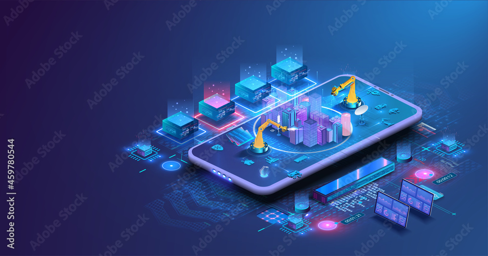 Leinwandbilder Robot with artificial intelligence create design house or home, architecture building concept. Hologram Smart city model urban area with electronically managing traffic. The robot arm designs the city