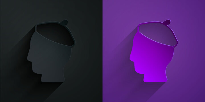 Paper cut French man icon isolated on black on purple background. Paper art style. Vector - Powered by Adobe
