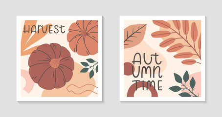 Set of autumn harvest fest abstract decorative prints with pumpkins,organic various shapes and lettering.Modern local food fest design.Agricultural fair.Trendy fall seasonal vector illustrations.