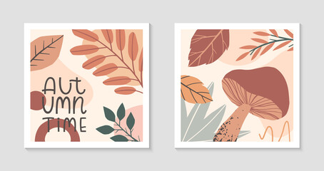 Set of autumn abstract decorative prints with organic various shapes,foliage,mushrooms and lettering - autumn time.Moderm seasonal design.Universal artistic banners.Trendy fall vector illustrations.