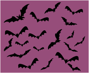 Bats Black Objects Signs Symbols Vector Illustration With Purple Background