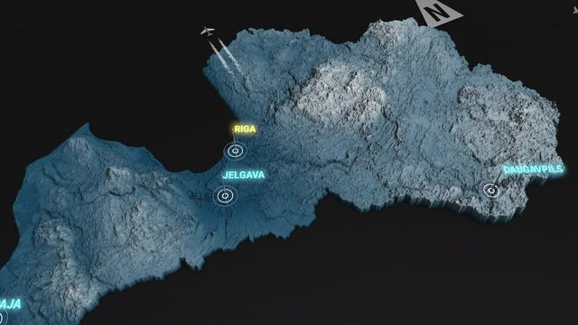 Seamless looping animation of the 3d terrain map at nighttime of Latvia with the capital and the biggest cites in 4K resolution