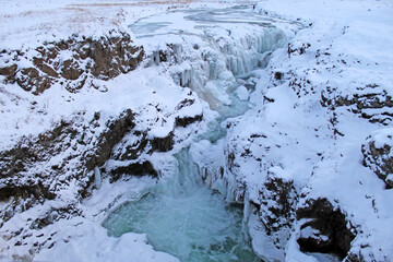 Kolugljúfur Canyon covered with snow and ice in Iceland during winter