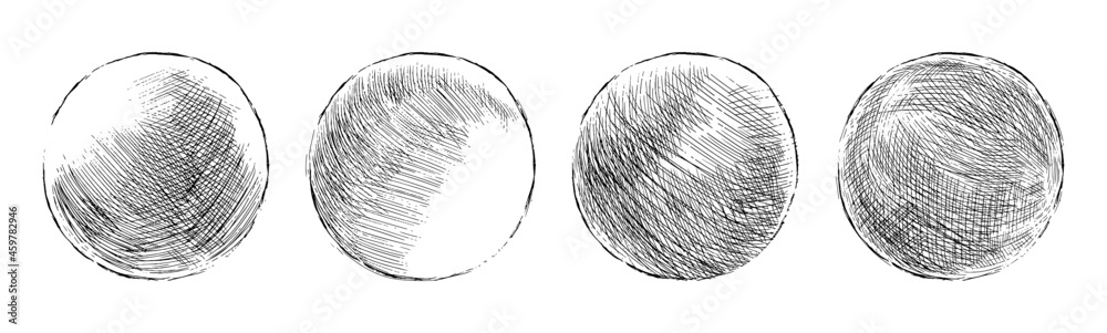 Wall mural hand drawn shaded spheres. simple black pen and ink doodle sketches of circles with different types 