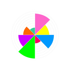 Circle chart example. Wheel diagram with 8 colorful segments of different volumes. Financial data visualization template. Statistical infographic design layout. Vector illustration.