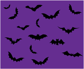 Bats Black Objects Signs Symbols Vector Illustration With Purple Background