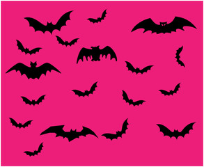 Bats Black Objects Signs Symbols Vector Illustration With Pink Background