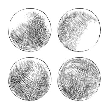 Hand drawn shaded spheres. Simple black pen and ink doodle sketches of circles with different types of shading texture. Shading tutorial, hand sketch design elements. Vector illustration.