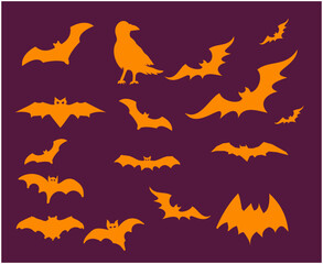 Bats Orange Objects Signs Symbols Vector Illustration With Purple Background
