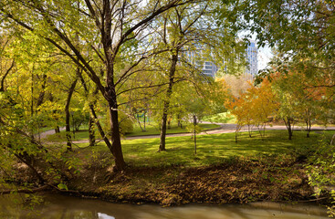 Fototapeta premium Valley of Ramenka River, specially protected natural area in Southwestern Administrative District of Moscow. in fall, Russia