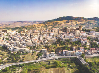 Tricarico town, Matera, basilicata region in southern Italy. Aerial view. vintage post production