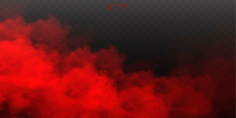 Red fog or smok. Realistic fog. Atmosphere mist effect and smoke clouds isolated on transparent background. Vector abstract cloud texture © poppystyle