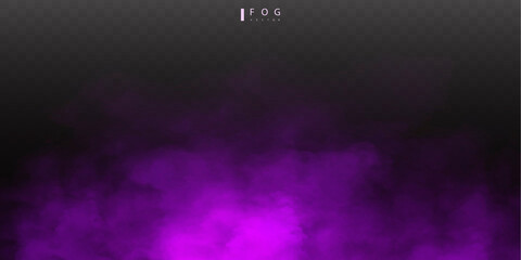 purple fog or smok. Realistic fog. Atmosphere mist effect and smoke clouds isolated on transparent background. Vector abstract cloud texture © poppystyle