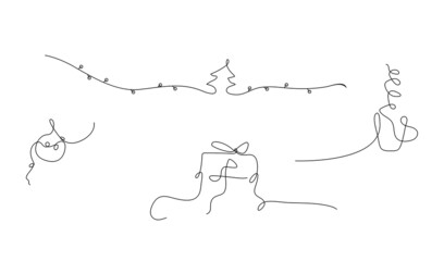 Christmas vertor one line art set. Gift, hot coffee, garland, Christmas tree toy