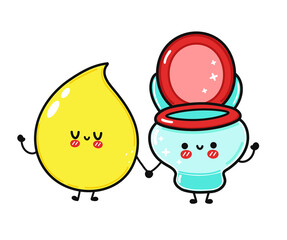 Cute, funny happy drop of urine and  toilet character. Vector hand drawn cartoon kawaii characters, illustration icon. Funny cartoon turd and drop of urine friends concept