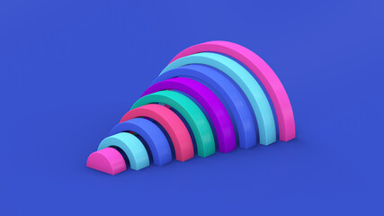 Colorful half circle shapes. Blue background. Abstract illustration, 3d render.