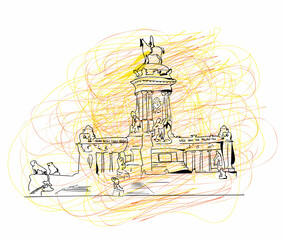 Line illustration of Monument to King Alfonso XII, symbol of The Buen Retiro Park Parque del Buen Retiro located in central Madrid