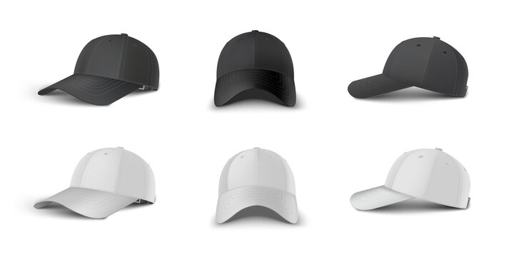 Black and white baseball cap side perspective, side, front view realistic vector template set.