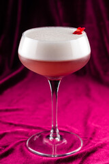 Clover Club Cocktail Gin, Raspberry Syrup, Lemon Juice, Egg White and Sugar Syrup