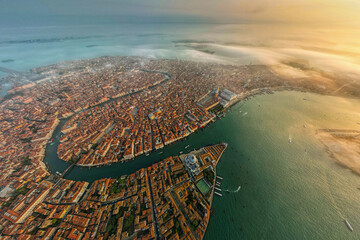 Venice from above. Aerial panoramic view. Venezia, Italy. Sunrise time, cityscape.