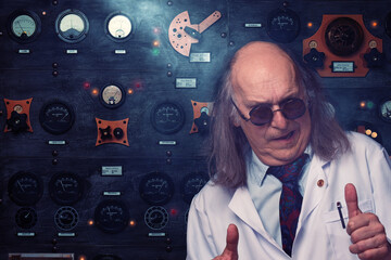 Scientist in his laboratory full of vintage equipments and being proud of his successful physics...