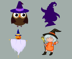 Witch And Pumpkin Halloween Objects Signs Symbols Vector Illustration Abstract With Gray Background