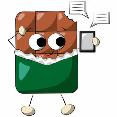 Cute cartoon Chocolate Character with phone. Draw illustration in color