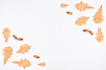 The template is a frame on a white background with various natural objects. Flat layout, top view,...