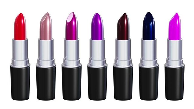 Realistic seamless looping 3D animation of the trendy colors spinning shiny lipsticks set rendered in UHD with alpha matte