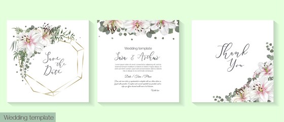 Fototapeta na wymiar Greeting card for wedding invitation. White lilies, eucalyptus, elegant twigs, polygonal gold frame. Floral template for your text.