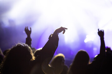 crowd at concert and silhouettes in stage lights