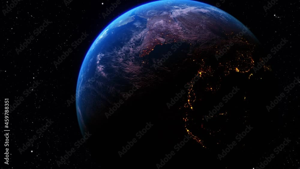 Wall mural zoom of planet earth globe with partial view of the world during the day and at night. starry space 