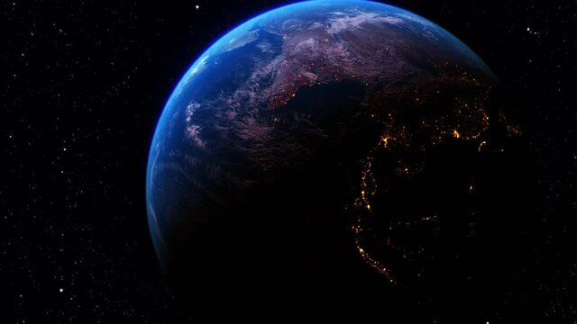 Zoom of planet earth globe with partial view of the world during the day and at night. Starry  space background. Ideal for climate change, weather, globalization, environment