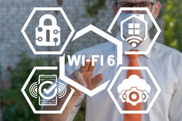 Concept of WI-FI 6 Communication Technology. WiFi 6 Generation Connection and Transfer Data. Wireless Fidelity Sixth Generation Network Multiple Access.