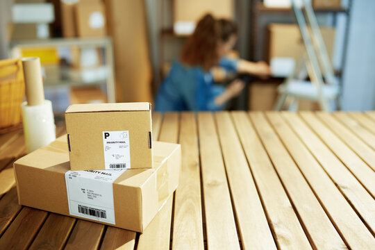 table with parcels in office