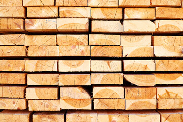 Obraz premium Background from wooden boards close-up. The surface of the end of the board. Stacked timber, lumber, woodworking