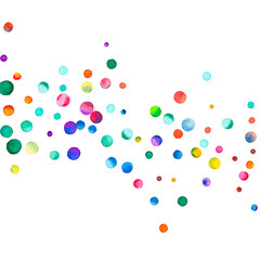 Watercolor confetti on white background. Admirable rainbow colored dots. Happy celebration square colorful bright card. Charming hand painted confetti.