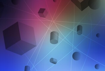 Dark Pink, Blue vector background with 3D cubes, cylinders, spheres, rectangles.