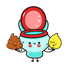 Cute, funny happy drop of urine, turd and toilet character. Vector hand drawn cartoon kawaii characters, illustration icon. Funny cartoon turd, drop of urine and toilet friends concept