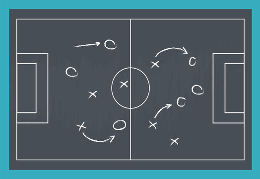 Football or soccer game strategy plan isolated on blackboard texture with chalk rubbed background. Sport infographics element